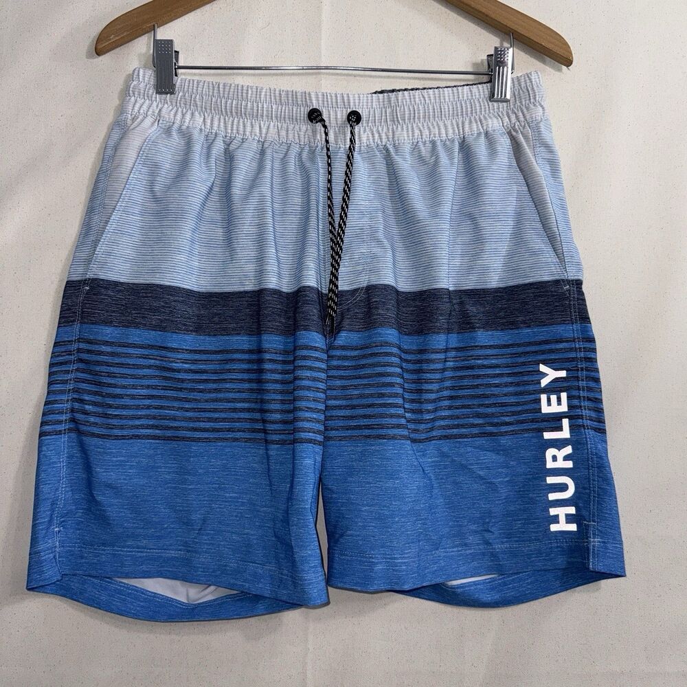 Hurley Swim Shorts Mens Medium Blue Stripe Elastic Waist Lined Trunks Beach Surf